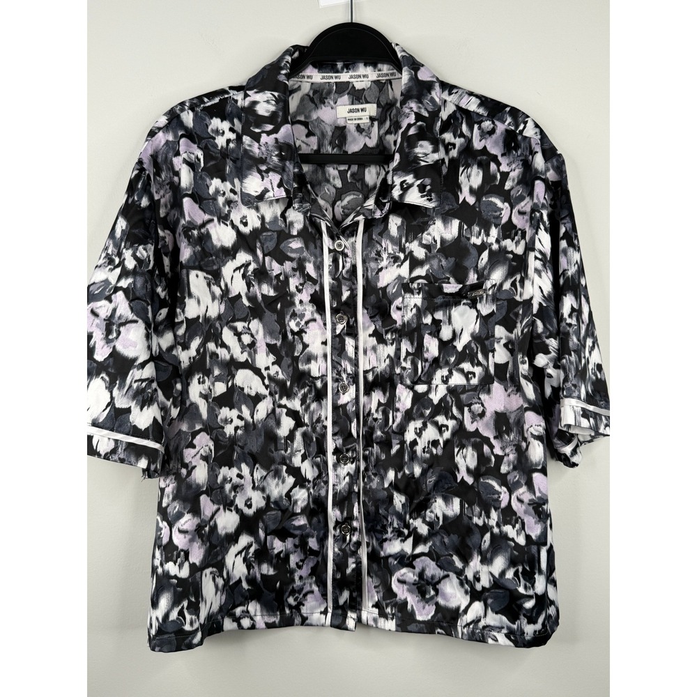 Jason Wu Pajama Style Button Up Shirt Womens L Floral Silky feel Short Sleeve